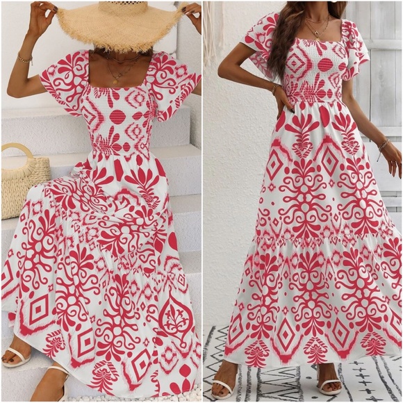 Boho Floral Print Shirred Butterfly Sleeve Dress - Picture 3 of 7